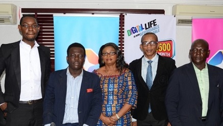 (L-r): Ayokunle Idowu, content manager, Israel Bolaji, public relations manager, Somoye Habeeb, marketing manager, all from StarTimes, Salisu Habu representative of Lagos State Director, Nigerian Broadcasting Commission and Mrs Betsy, marketing director, NTA 2 at the launch of StarTimes Nova bouquet on Wednesday in Lagos.